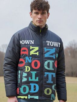 Bewakoof - Men's Black & Blue Bate Typography Oversized Puffer Jacket