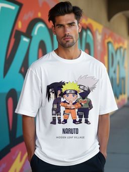 Bewakoof - Men's White Chibi Naruto Graphic Printed Oversized T-shirt