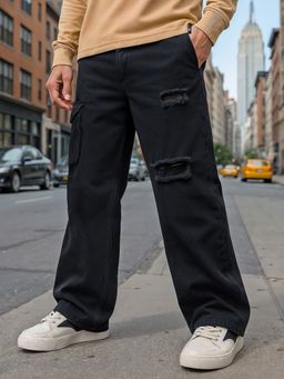 Bewakoof - Men's Black Baggy Fit Distressed Cargo Mid-Rise Jeans