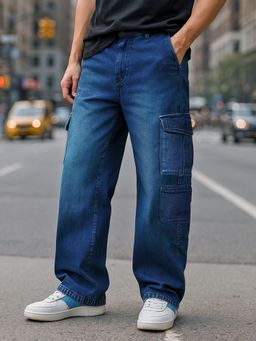 Bewakoof - Men's Blue Washed Baggy Fit Cargo Mid-Rise Jeans
