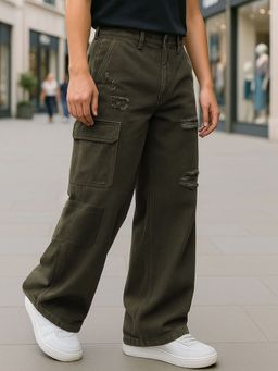 Bewakoof - Men's Green Distressed Baggy Fit Cargo Mid-Rise Jeans