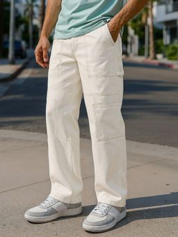 Bewakoof - Men's Beige Baggy Fit Cargo Carpenter Mid-Rise Jeans