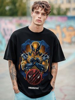 Bewakoof - Official Marvel Men's Black Wolverine Graphic Printed Oversized T-shirt