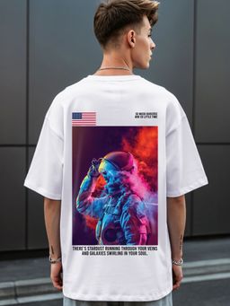 Bewakoof - Men's White Galactic Spectrum Graphic Printed Oversized T-shirt