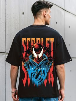 Bewakoof - Official Marvel Men's Black Scarlet Spider Graphic Printed Oversized T-shirt