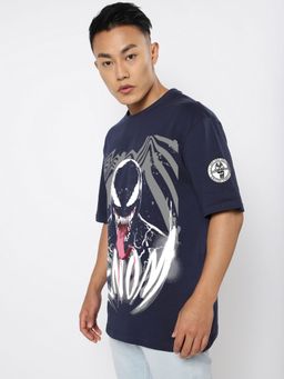 Bewakoof - Official Marvel Men's Navy Blue Venom Graphic Printed Oversized T-shirt