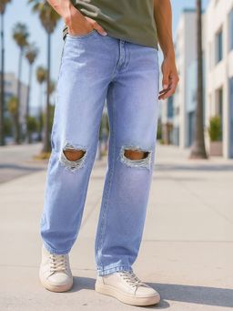 Bewakoof - Men's Light Blue Washed Baggy Fit Distressed Mid-Rise Jeans