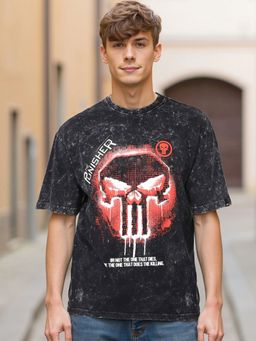 Bewakoof - Official Marvel Men's Black Punisher Graphic Printed Oversized Acid Wash T-shirt
