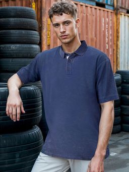 Bewakoof - Heavy Duty 1.0 Men's Blue Oversized Acid Wash Polo T-shirt