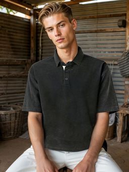 Bewakoof - Heavy Duty 1.0 Men's Black Oversized Acid Wash Polo T-shirt