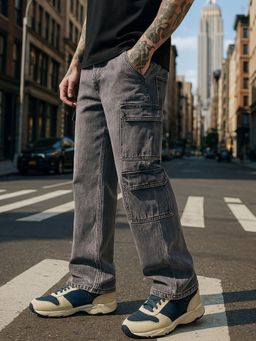 Bewakoof - Men's Ash Grey Baggy Fit Washed Cargo Mid-Rise Jeans