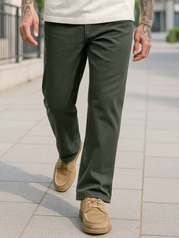 Bewakoof - Men's Olive Green Baggy Fit Washed Mid-Rise Jeans