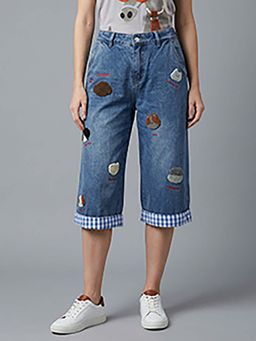 Odette - Blue Denim Embroidered Capri for Women