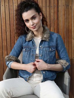 STREET 9 - Navy Blue Fur Denim Jacket