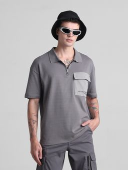 Jack & Jones - Grey Oversized Drop Shoulder Polo T-Shirt