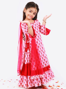 FREE SPARROW - Beautiful Jaipuri Print Anarkali Ensemble with Tulle Dupatta (Set of 2)