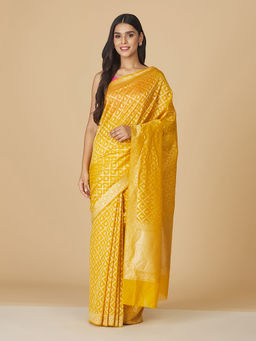 Fabindia - Mustard Cotton Silk Jal Saree Without Blouse