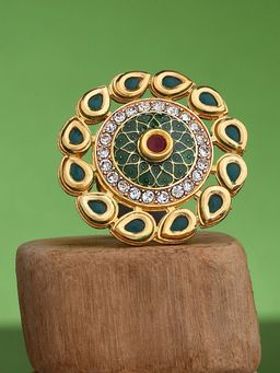 Zaveri Pearls - Green Meenakari Teardrop Kundan Finger Ring-ZPFK14063