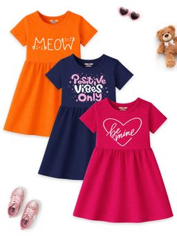 Kuchipoo - Multi-Color Typography Round Neck Dresses (Pack of 3)