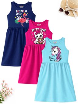 Kuchipoo - Multi-Color Graphic Round Neck Dresses (Pack of 3)