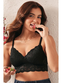 Clovia - Lace Solid Padded Full Cup Wire Free Bralette Bra - Black