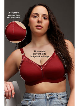 Clovia - Non-Padded Non-Wired Spacer Cup Full Figure Bra in Maroon - Cotton & Lace