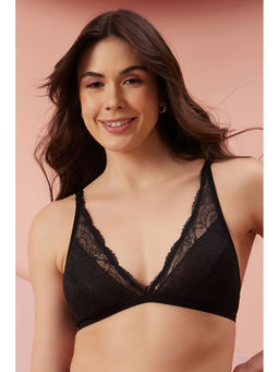 Clovia - Lace Solid Non-Padded Demi Cup Wire Free Plunge Bra - Black