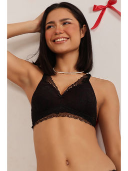 Clovia - Lace Solid Padded Demi Cup Wire Free Bralette Bra - Black