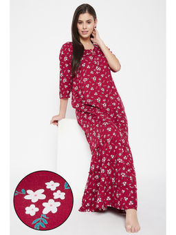 Clovia - Cotton Florals Long Nightdress - Maroon
