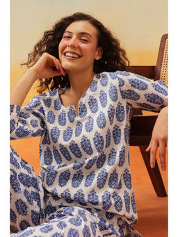 Clovia - Cotton Printed Top & Pyjama Set-blue (Set of 2)