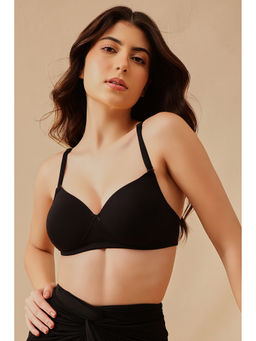 Clovia - Cotton Spandex Solid Padded Full Cup Wire Free T-shirt Bra - Black
