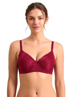 Clovia - Lace Solid Padded Full Cup Wire Free Everyday Bra - Maroon
