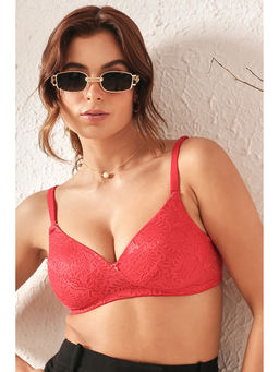 Clovia - Lace Printed Padded Full Cup Wire Free T-Shirt Bra - Red