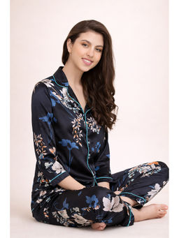 Clovia - Floral Print Button Down Shirt & Pyjama Set - Blue