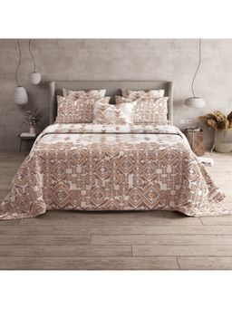 LABHAM - Brown Abstract Alpha Cotton King Size Printed Bedsheet with Pillow Covers (Set of 3)