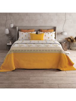 LABHAM - Mustard Floral Alpha Cotton King Size Printed Bedsheet with Pillow Covers (Set of 3)