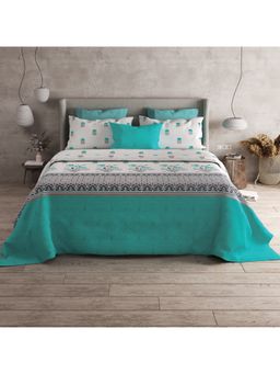 LABHAM - Blue Floral Alpha Cotton King Size Printed Bedsheet with Pillow Covers (Set of 3)