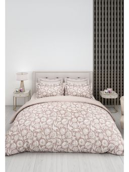 LABHAM - Taupe Floral Pure Cotton King Size Printed Bedsheet with Pillow Covers (Set of 3)