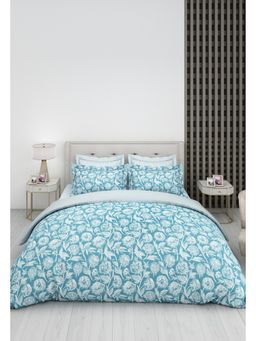 LABHAM - Aqua Floral Pure Cotton King Size Printed Bedsheet with Pillow Covers (Set of 3)