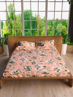 LABHAM - Old Rose Pure Cotton King Size Printed Bedsheet with Pillow Covers (Set of 3)