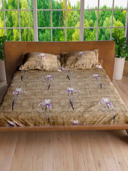 LABHAM - Dull Brown Pure Cotton King Size Printed Bedsheet with Pillow Covers (Set of 3)
