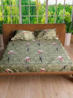 LABHAM - Granite Green Pure Cotton King Size Printed Bedsheet with Pillow Covers (Set of 3)