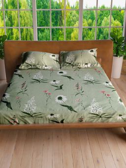 LABHAM - Hazel Green Pure Cotton King Size Printed Bedsheet with Pillow Covers (Set of 3)
