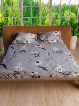 LABHAM - Oslo Grey Pure Cotton King Size Printed Bedsheet with Pillow Covers (Set of 3)
