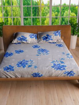 LABHAM - Fun Blue Pure Cotton King Size Printed Bedsheet with Pillow Covers (Set of 3)