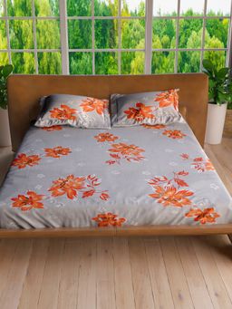 LABHAM - Milano Orange Pure Cotton King Size Printed Bedsheet with Pillow Covers (Set of 3)