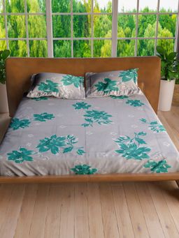 LABHAM - Bluestone Pure Cotton King Size Printed Bedsheet with Pillow Covers (Set of 3)