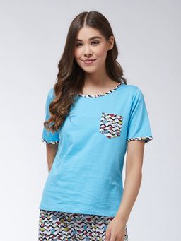 Miss Chase - Women Blue Round Neck Short Sleeves Printed Regular Length T-Shirt
