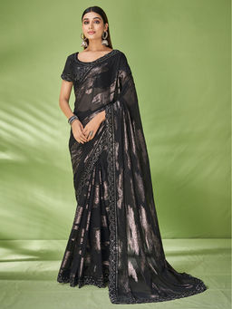 Odette - Black Georgette Zari Jacquard Embroidered Saree with Unstitched Blouse