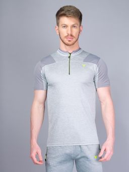 Technosport - Men Polyester Self Design High Neck Slim Fit T-Shirt